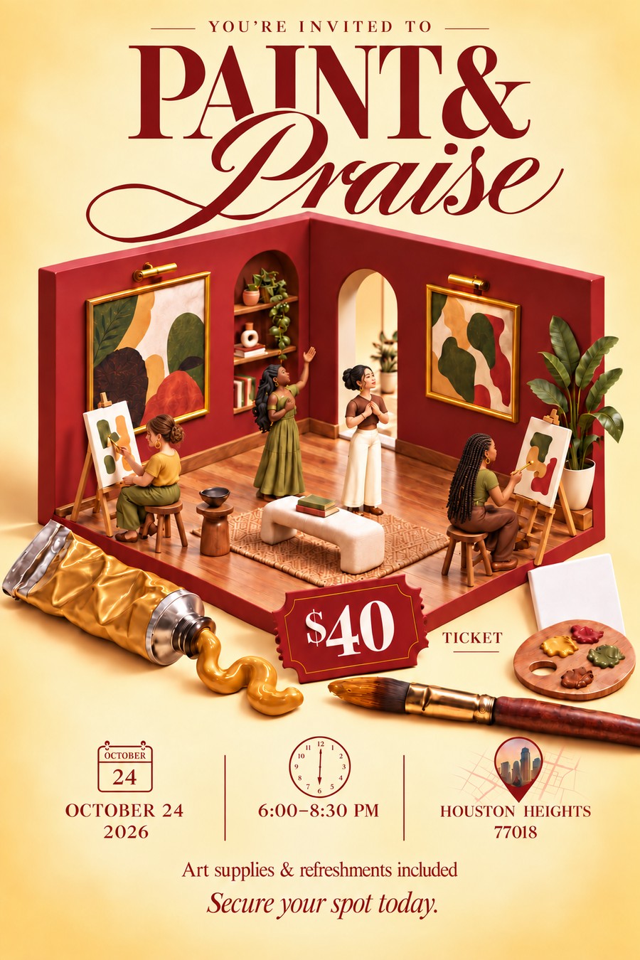 Paint and Praise invitation. October 24, 2026, 6:00 to 8:30 PM, Houston Heights 77018. Forty dollar ticket. Art supplies and refreshments included.
